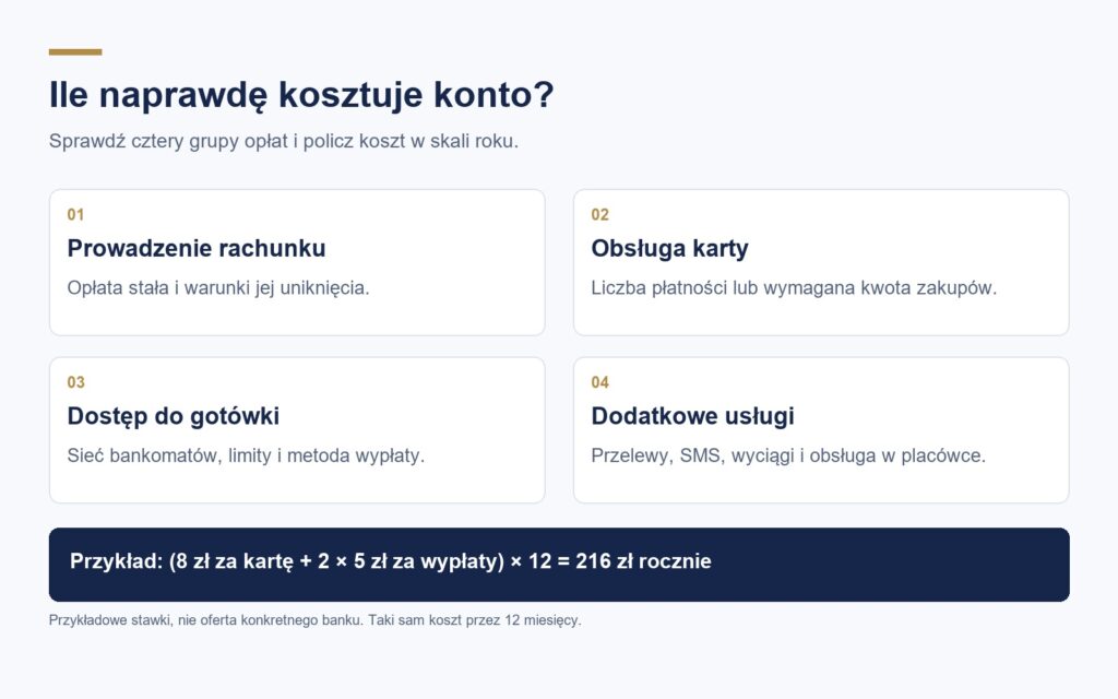 Schemat obliczania rocznego kosztu konta na podstawie opłat za rachunek, kartę, bankomaty i dodatkowe usługi.