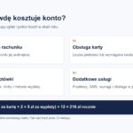 Schemat obliczania rocznego kosztu konta na podstawie opłat za rachunek, kartę, bankomaty i dodatkowe usługi.